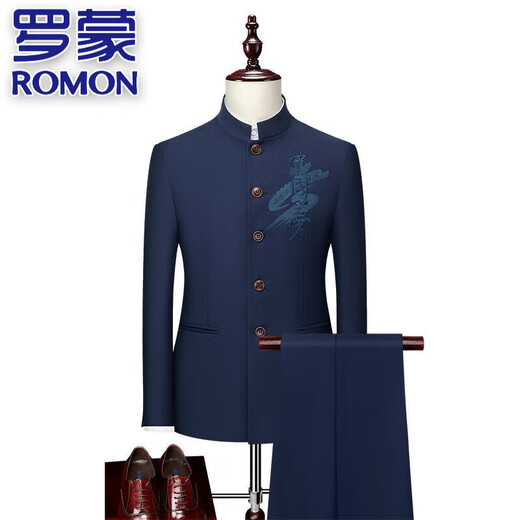 罗蒙（ROMON）男士西服套装立领中国梦刺绣中山装西装套装胖子加肥加大码两件套 黑色(西装+西裤)两件套 6XL