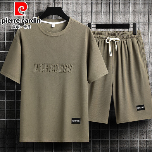 皮尔卡丹（pierre cardin）夏季男士运动套装短袖T恤上衣宽松大码短袖短袖休闲套装帅气搭配 套装829咖色 M 建议穿90-110斤
