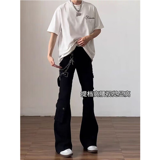 POUM American high street scimitar jeans for men in autumn vibe strappy jeans for men with all-match workwear pants for men DF-411 black L recommended 105--120 Jin Jin equals 0.5 kg