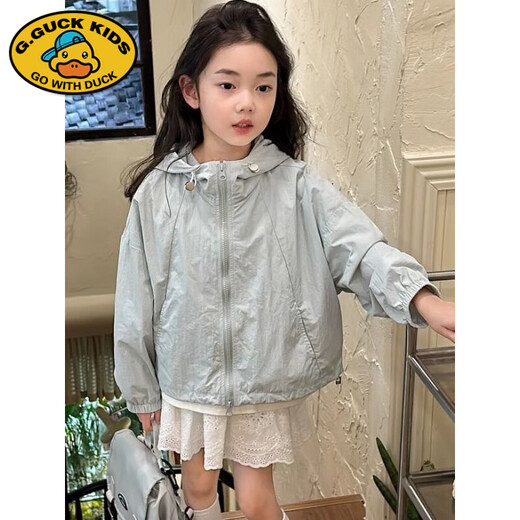 G.DUCKKIDS Korean style girls 2025 summer new style hooded sun protection clothing children's versatile casual windbreaker jacket light blue 120 cm