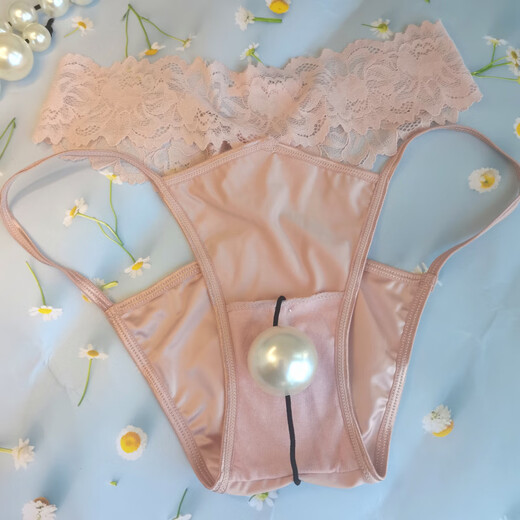 Thong perverted 4cm imitation pearl underwear, enlarged lace thong, tight black M