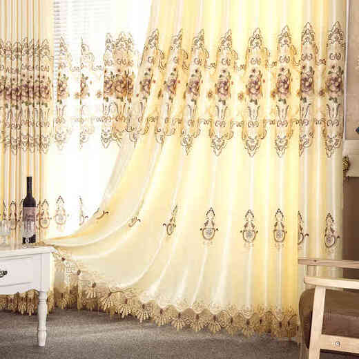 Wen Yijia high-end European water-soluble hollow embroidered curtains finished bedroom and living room thickened blackout bay window balcony curtains 315 yellow - single cloth, not hollow, width 1.9x height 2.7 one piece, punched processing
