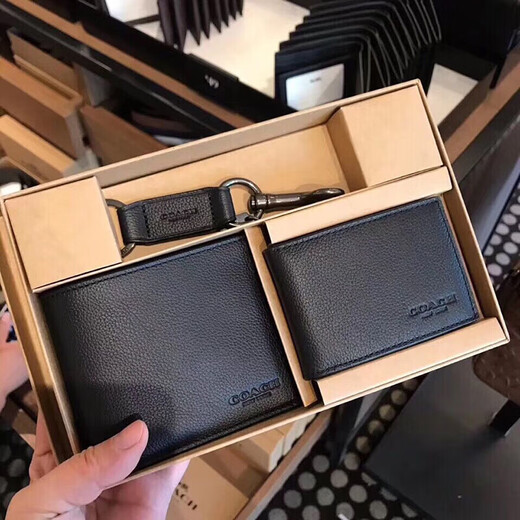 Coach (Coach) Brieftasche Herrenbeutel, kurze Geschenkbox, dreiteiliges Set, Faltbrieftasche, Kartenbeutel, Schlüsselbund, F64118, Schwarz