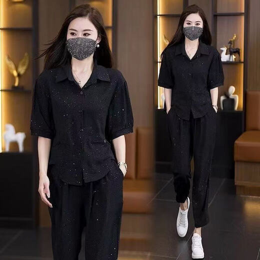 啄木鸟休闲时尚套装女2025夏季新款宽松洋气细闪减龄衬衫哈伦裤两件套女 深咖色-套装579 M 建议90斤-105斤