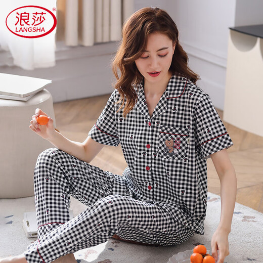 
LangSha pajamas women's pure cotton plaid short-sleeved trousers 2025 new cotton middle-aged mother summer home clothing A9923 M suitable for 80-95Jin [Jin equals 0.5 kg]
