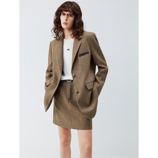 ELLE sheep wool herringbone texture suit jacket for women 2026 spring new wide shoulder casual silhouette suit coffee color S