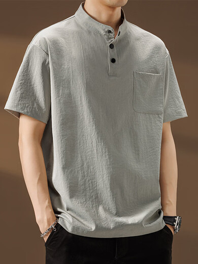 Qinchi retro men's tunic high-end tunic collar henley collar shirt men's 25 summer thin cool pocket short-sleeved shirt gray M about 90~120Jin Jin equals 0.5kg can be worn one size fits all