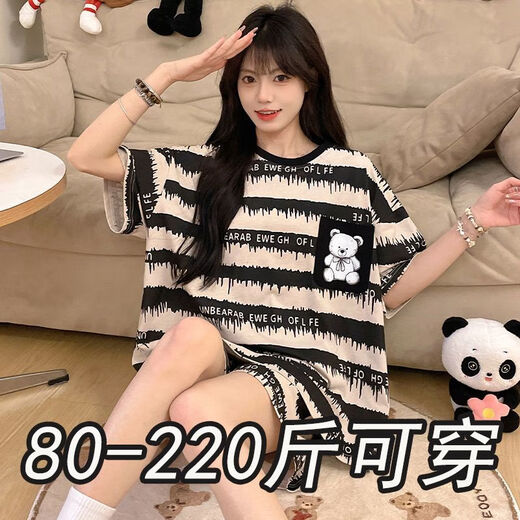 奢依君（SHEYIJUN）吉伊卡哇睡衣 夏天女夏季短袖短裤宽松大码学生卡通薄款家居服套 693黑笑脸【夏季】 M 【80-95斤穿】