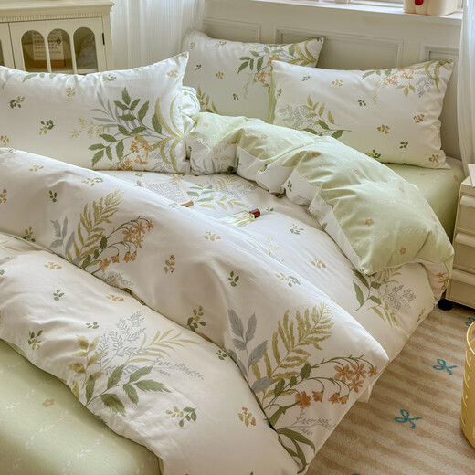 Mercury series small fresh 80 count pure cotton bed four-piece set 100% cotton bedding floral quilt cover dormitory bed sheet three-piece fitted sheet style dense leaf fitted sheet style 1.8m four-piece set