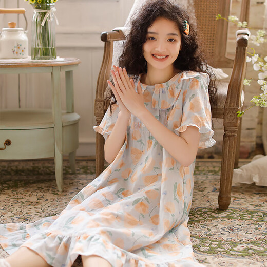 雅鹿夏季女纯棉双层纱布睡裙日系甜美可爱短袖套头中长款新款家居睡衣 3893蓝色 刺绣 XL :(建议120-140斤左右)