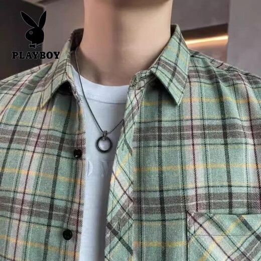 花花公子（PLAYBOY）格子长袖衬衫2025春秋季新款男士潮流宽松休闲衬衣薄款防晒外套男 9901灰色 M 【建议90-110斤左右】