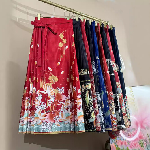 喆炜一片式系带国风3D印花汉服马面裙百搭高腰显瘦通勤长款A字半身裙 9893黑色 均码