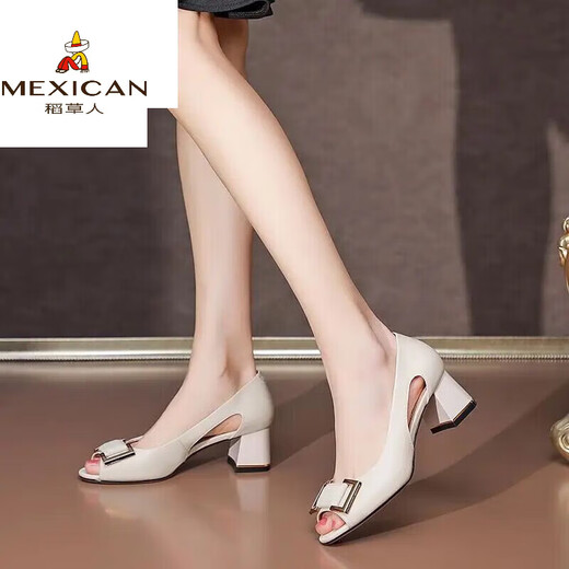 Vogelscheuche (mexikanische) Fischmund Sandalen weibliche Leder 2024 Sommer Dicke Absatz NEU MIDE MIDE OPOE-SHOUS SCHOHE WANDLEDEL COMPASTE LEDERSUSSHOUSE