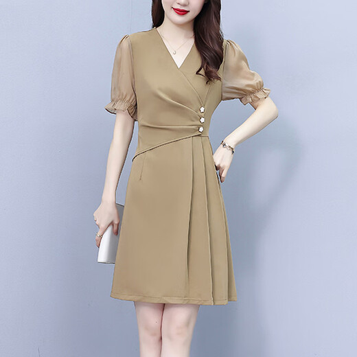 OLJ高档品牌连衣裙女2025年夏季新款高级感显瘦优雅干练百褶拼接裙子 卡其色 L 90-115斤