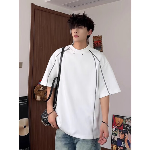 POUM Kurzärärmiges T-Shirt für Männer Sommer Neue amerikanische trendige Spleißen gestreiftes Design Casual halbärmelige Basis CQS-1421 White XL