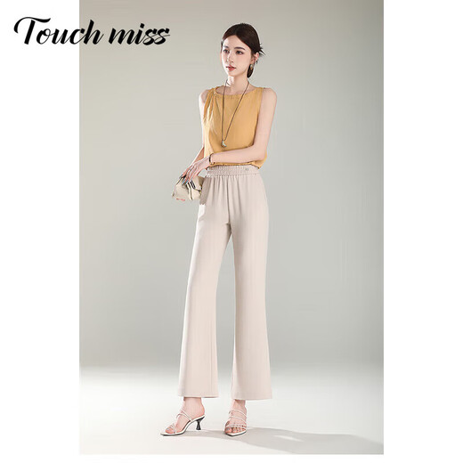 塔驰密司 TOUCH MISS高端减龄休闲裤女夏季新款喇叭裤薄款小个子九分微喇裤松紧高腰 米色 27 92-105斤内