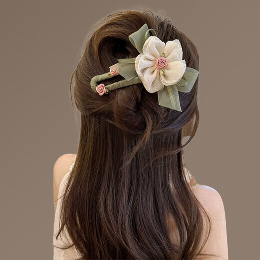 Genbe temperament flower one-line clip women's 2025 new high-end hair clip back head super fairy duckbill chuck headdress beige flower duckbill clip [1]