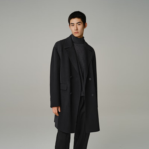 PEACEBIRD Men's Wool Jacket Mid-Length Casual Lapel Double-Breasted Black Woolen Coat Men Black 1 (Loose) S