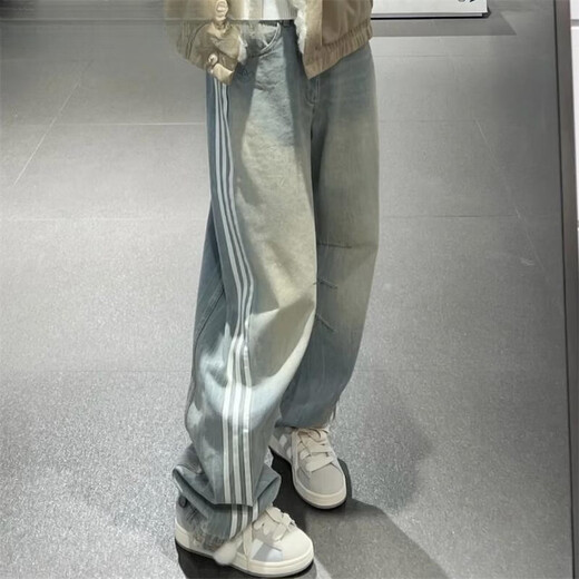Adidas (adidas) Clover Women's Pants 2025 Spring New Product Wide-Level Washed Denim Sport Pants Scimitar Pants JX9212 JX9214 Dark Blue_Gradial 28