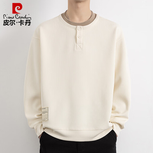 Pierre Cardin fake two-piece sweatshirt for men 2025 spring and autumn Henley collar inner layering shirt long-sleeved T-shirt top knitted off-white 3XL (approximately 160-180Jin Jin equals 0.5kg can be worn)