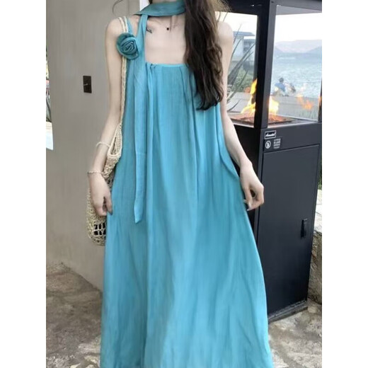 Quchen beach skirt skirt dress vacation style dress seaside dress suspender dress blue dress beach dress (lake blue) M (85-100Jin [Jin equals 0.5 kg])