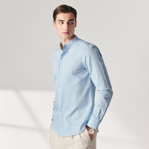 By Creations Cool Cotton Linen Perpin Henry Collar Blue Shirt Men's Summer Business Casual Light Blue 38