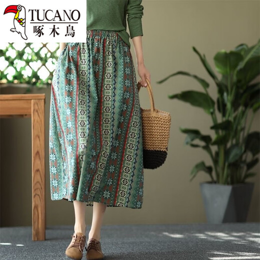 Specht 2025 Neuer Sommer Neue lose Taille A-Line Mode Plaid Rock Literary Classical Ethnic Style Gedruckter Rock Schwarz L.