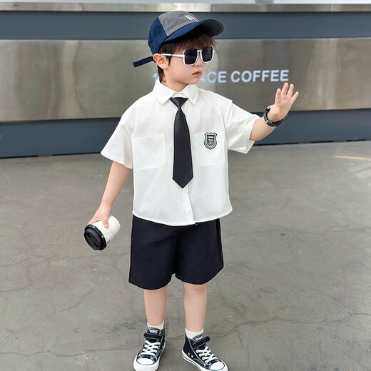 G.DUCKKIDS Little Yellow Duck Boys Suit Summer College Style Children's Suit Performance Suit Boys White Shirt Black Pants Two-piece Set White Shirt + Black Pants + Tie 140 Recommended for 9 to 10 years old [130-140cm]cm