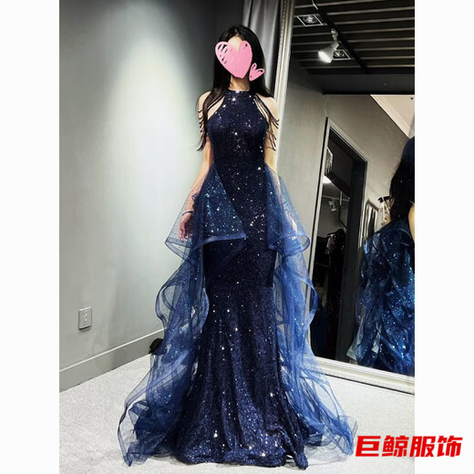 Tromlfz temperament evening dress skirt for women light luxury niche high-end host birthday coming-of-age ceremony elegant violin performance suit blue S