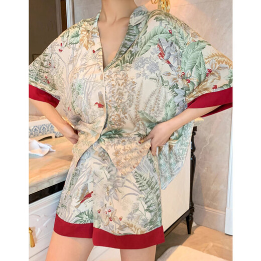 UKUHPKins春秋冰丝短袖短裤睡衣女夏季感休闲可外穿家居服套装 套LW9214【丝滑凉感型】 M 【建议80-100斤】