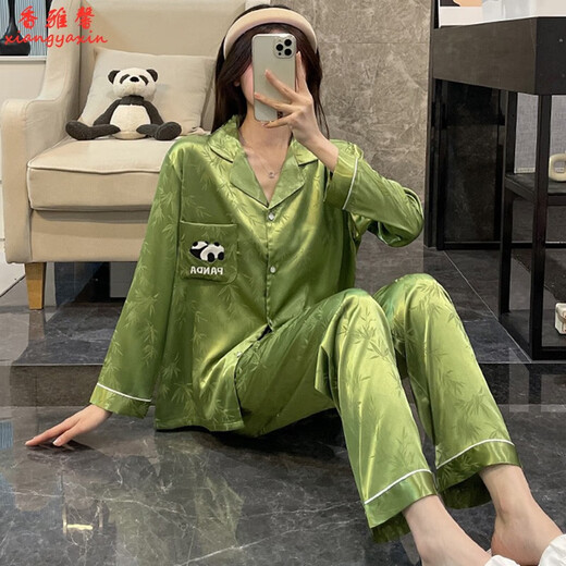 允桐感熊猫长袖睡衣女春秋季开衫冰丝薄款可外穿两件套家居服夏天 b693黑色小狗 XL 码120-130斤