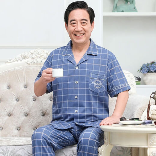 猫人 MiiOW睡衣男纯棉薄款短袖家居服套装老年爸爸男士睡衣夏季格子 短袖3937#图片色 2XL 建议140-160斤