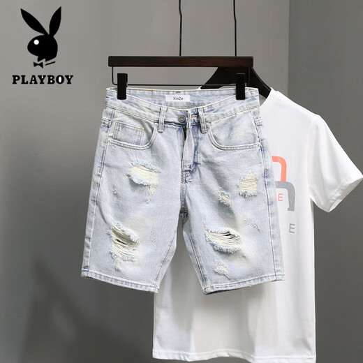 PLAYBOY (PLAYBOY) NUEVO Summer Old Light White Whisker rasgó pantalones de cuatro y cinco puntos para hombres Shorts versátiles versátiles (T693) Azul 31 (recomendado 120-130Jin [Jin equivale a 0.5 kg])