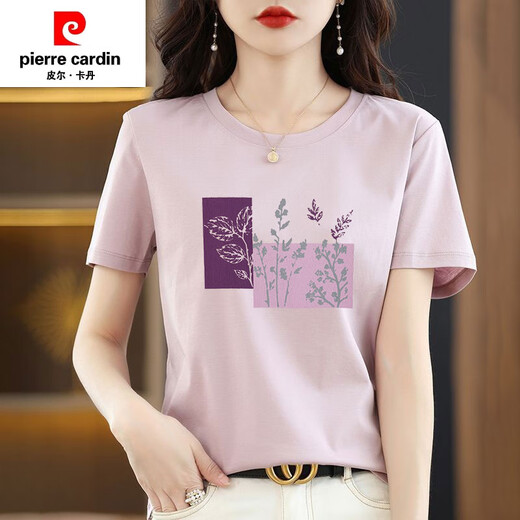 皮尔卡丹（PIERRE CARDIN）纯棉短袖t恤女士宽松简约气质减龄粉色体恤小衫夏装2025新款上衣 6172灰粉 M 80-105斤