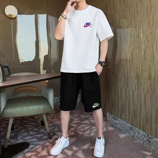 NBA KIDS-NIKE百搭潮酷夏季短袖短裤套装男帅气纯棉透气百搭宽松T恤男 耐克黑T  绿白小标+黑裤口 耐克儿童12034-45斤