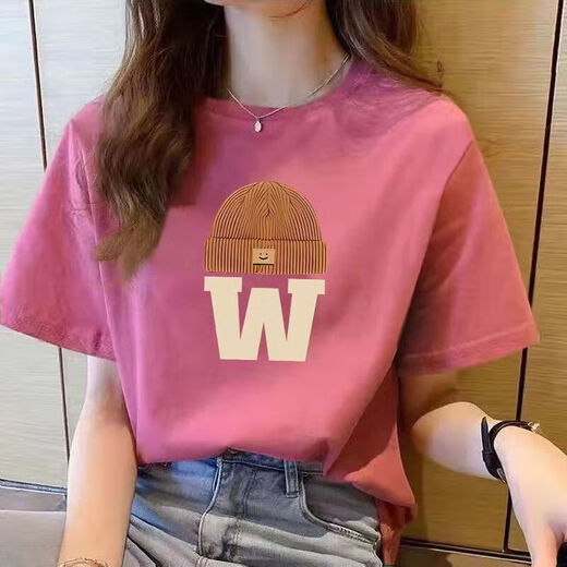 220g T-shirt à manches courtes en coton pur pour les femmes 2025 Été lâche et polyvalent coule rond à épaule droite T-shirt imprimé B701yl 623 vert foncé M