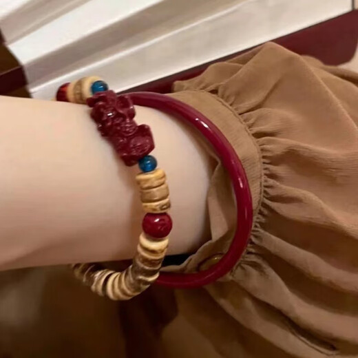 ROSENA SAMMI New Chinese Cinnabar Bracelet Wooden Pixiu Bracelet Versatile Retro National Trend Jewelry Pixiu Bracelet Two-piece Set
