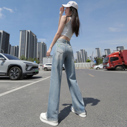 恪信破洞牛仔裤女夏季薄款高腰美拉德高街破洞阔腿牛仔裤女夏季新款刺 复古蓝加长【L9227】 XS