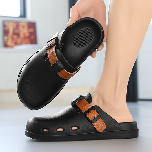 Baotou half slippers men wear thick sole without heel in summer driving dual-purpose sports beach hole sandals 001 black 41