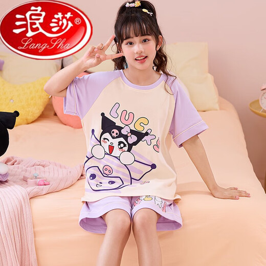Langsha children's pajamas for women in summer short-sleeved thin cotton student girls cartoon ragbus loose set home clothes MK6623 Yugui dog powder [short set] 10 size [recommended height 110-120] All size