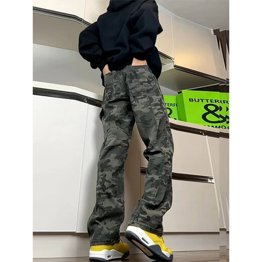 Shelley Jones military green scimitar camouflage jeans men's autumn slim-fit logging overalls American high street straight bootcut pants camouflage color XL recommended 120-140Jin Jin equals 0.5 kg