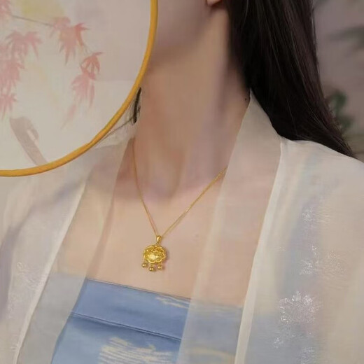 VZZS gold store same style safe lock melon seed buckle gold lock pendant sand gold necklace blessing word gold lock clavicle chain fake gold necklace Chopin chain melon seed buckle middle lock free counter gift box