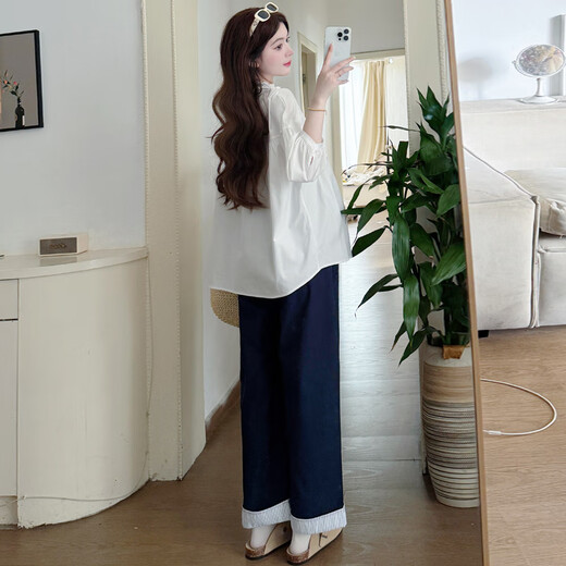 Ran Qiqi pregnant women's autumn suit lazy style 2025 new pure cotton long-sleeved shirt top wide-leg pants small fragrant style two-piece set white shirt + navy blue pants (set) L