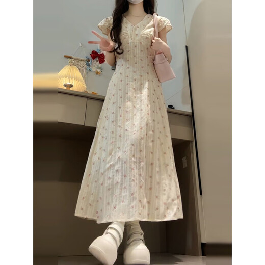 
Cotton French V-neck Floral Dress for Women in Summer 2025 New Design Sense Small Flying Sleeve Waist Slim Long Skirt Off-white L Recommended 108-120Jin [Jin equals 0.5 kg]
