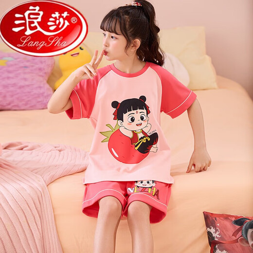 Langsha children's pajamas for women in summer short-sleeved thin cotton student girls cartoon ragbus loose set home clothes MK6623 Yugui dog powder [short set] 10 size [recommended height 110-120] All size