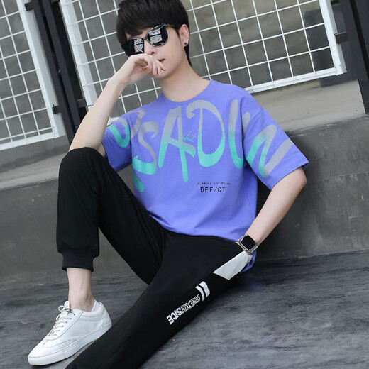 梵佳诺青少年运动套装初中生16-17岁男孩夏季短袖t恤13-15岁高中初中学 xsd-t9226湖蓝色(上衣+裤子) L  _100至115斤