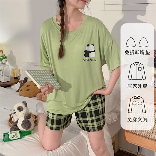 UKUHPK pajamas for women in summer modal short sleeve shorts belt chest pad thin home clothes pullover sweet casual suit wear hds-1478# XL