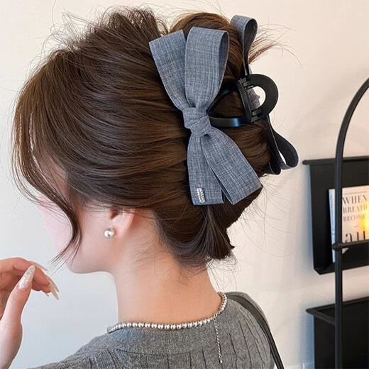 Hua Shike Korean Fashionable Denim Bow Clip Women's 2025 New Fashion High-end Hair Clip Shark Clip on the Back of the Head 1# Denim Blue-Bow Tie Clip