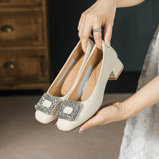 Huilijun Rock einzelne Schuhe für Frauen 2025 echtes Lederquadrat Zehen flacher Mund dicker Fersen Strass Square Schnalle Weiche Sohle nicht müde Füße Arbeit Schuhe Schwarze Y683-1 Schafmuster Strassschnalle 3.5 34