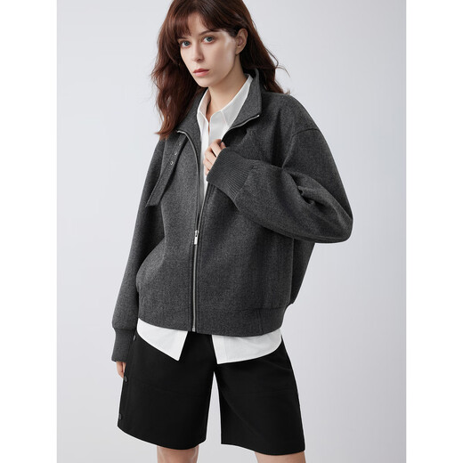 ELLE wool grey herringbone short jacket for women 2025 autumn new silhouette loose casual temperament jacket dark gray S